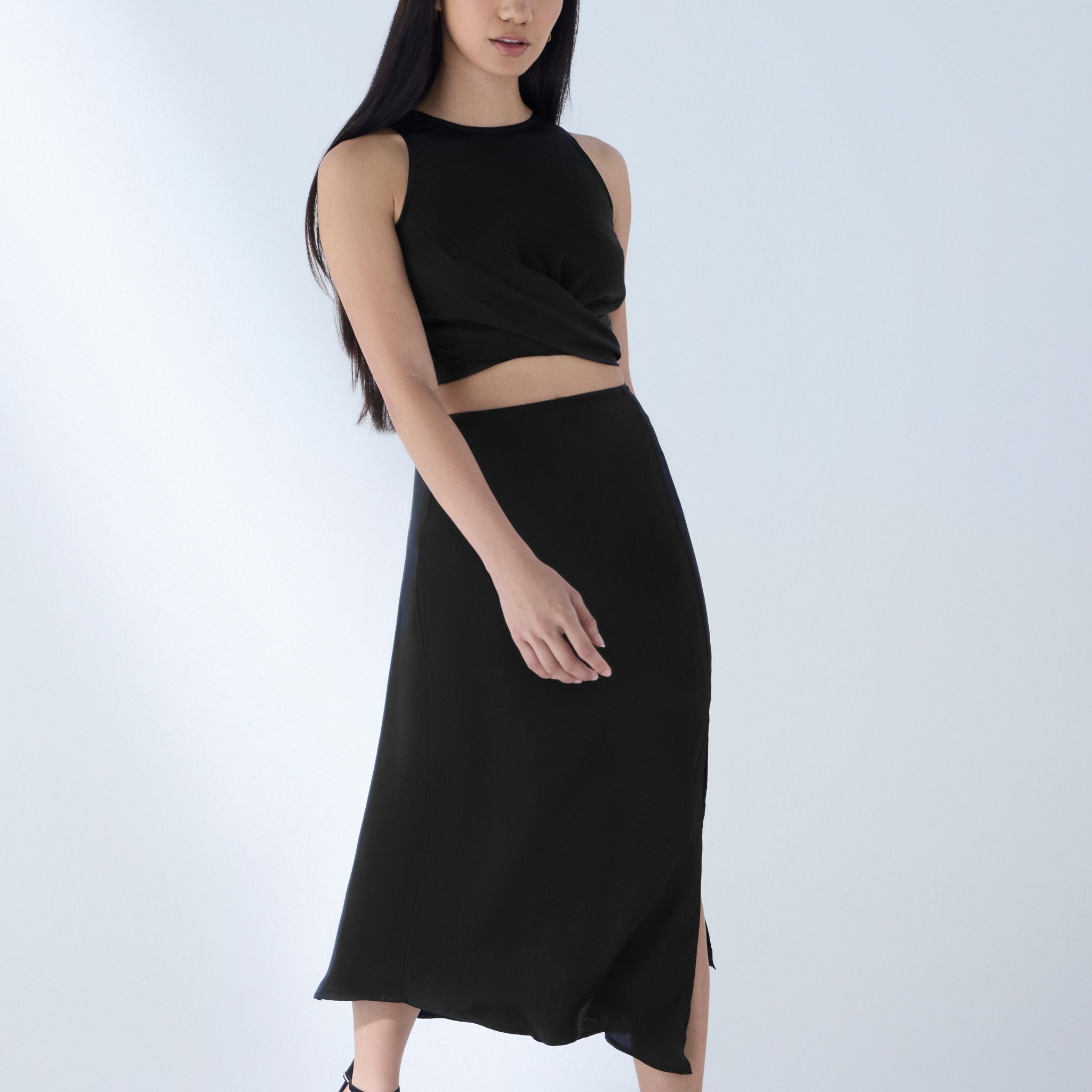 AFYA PETITE Nora Petite Cupro Side-Slit Midi Skirt – Black