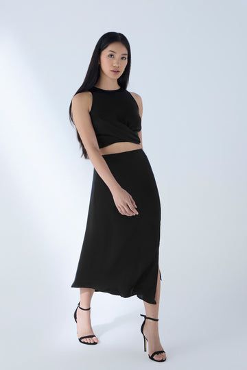 AFYA PETITE Nora Petite Cupro Side-Slit Midi Skirt – Black