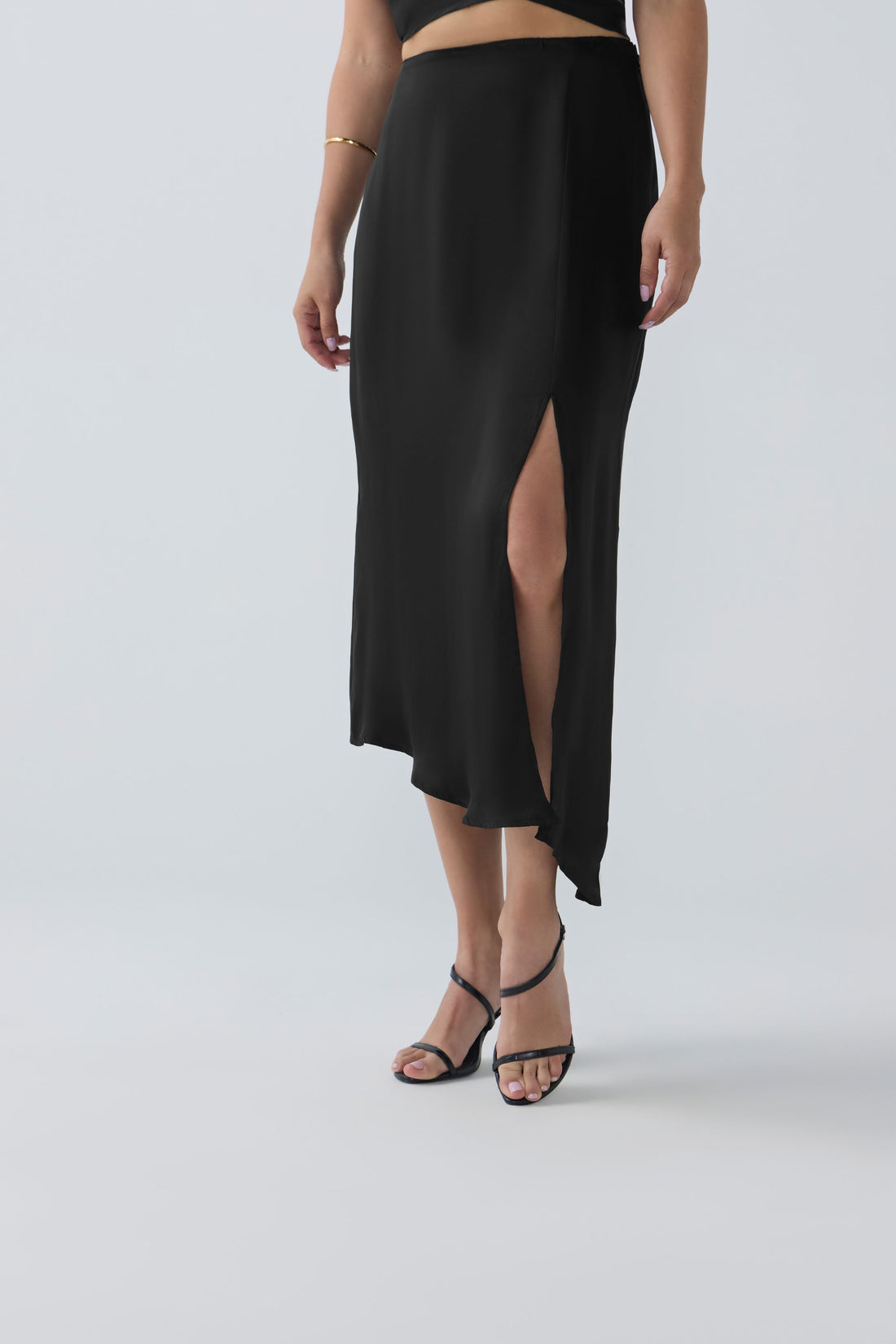 AFYA PETITE Nora Petite Cupro Side-Slit Midi Skirt – Black