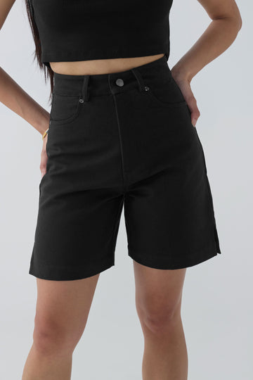 AFYA PETITE Alex Petite Canvas Shorts Black – High-Rise, Mid-Thigh.