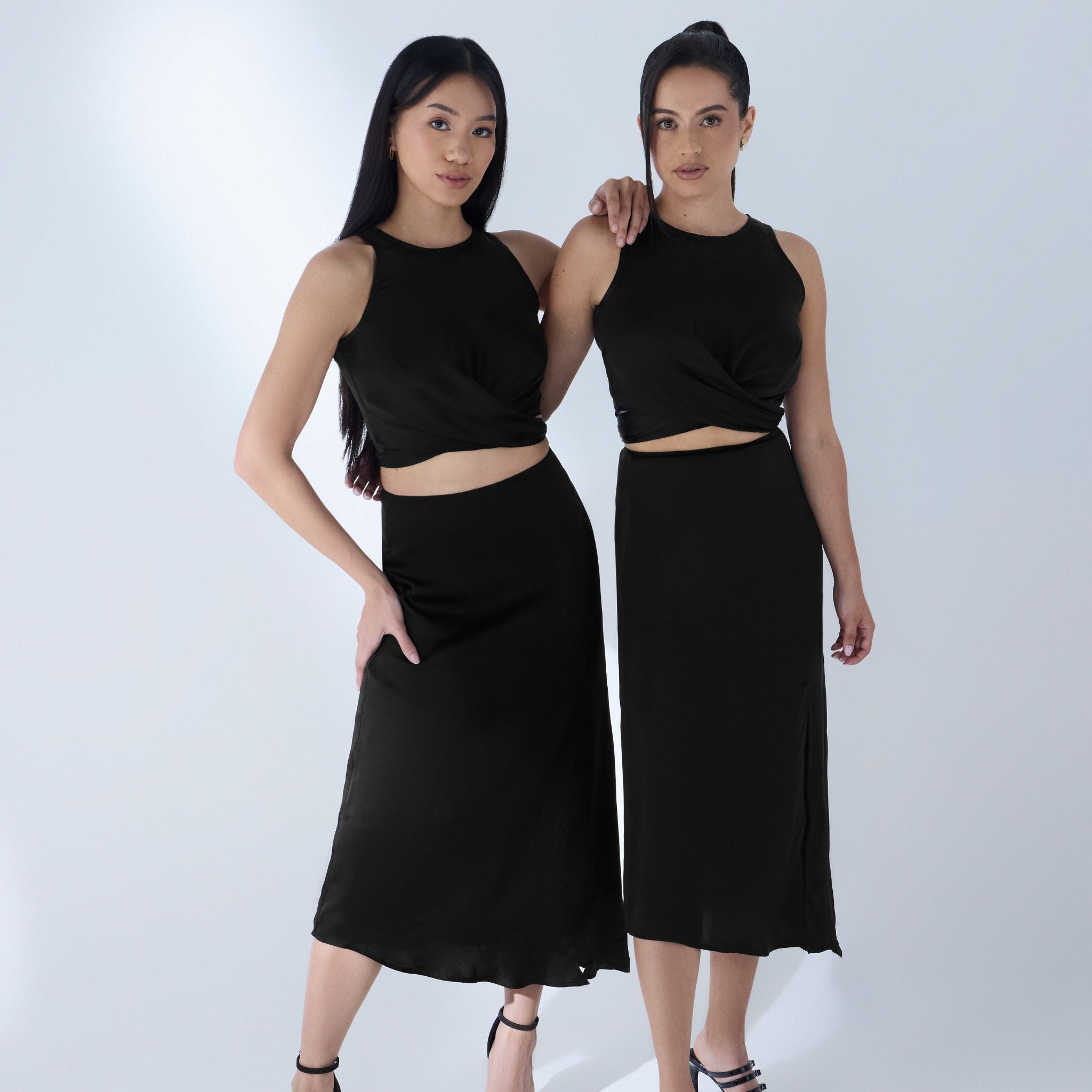 AFYA PETITE Bella Halter Draped Cupro Top – Adjustable Wrap Tie, High-Neck, Cropped.