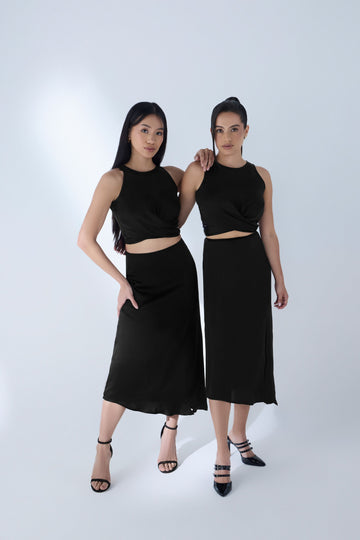 AFYA PETITE Bella Halter Draped Cupro Top – Adjustable Wrap Tie, High-Neck, Cropped.