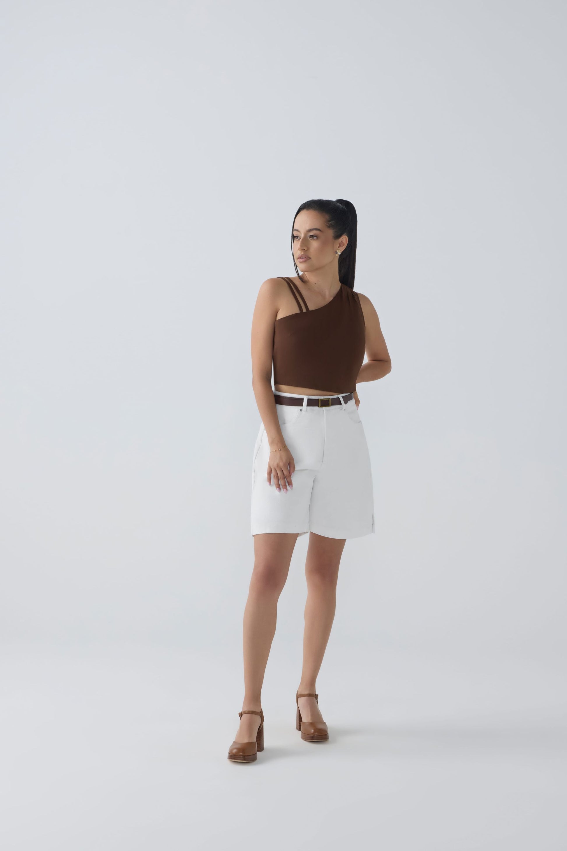 AFYA PETITE Rain one-shoulder Tencel top – styled with canvas shorts for petite women under 165cm