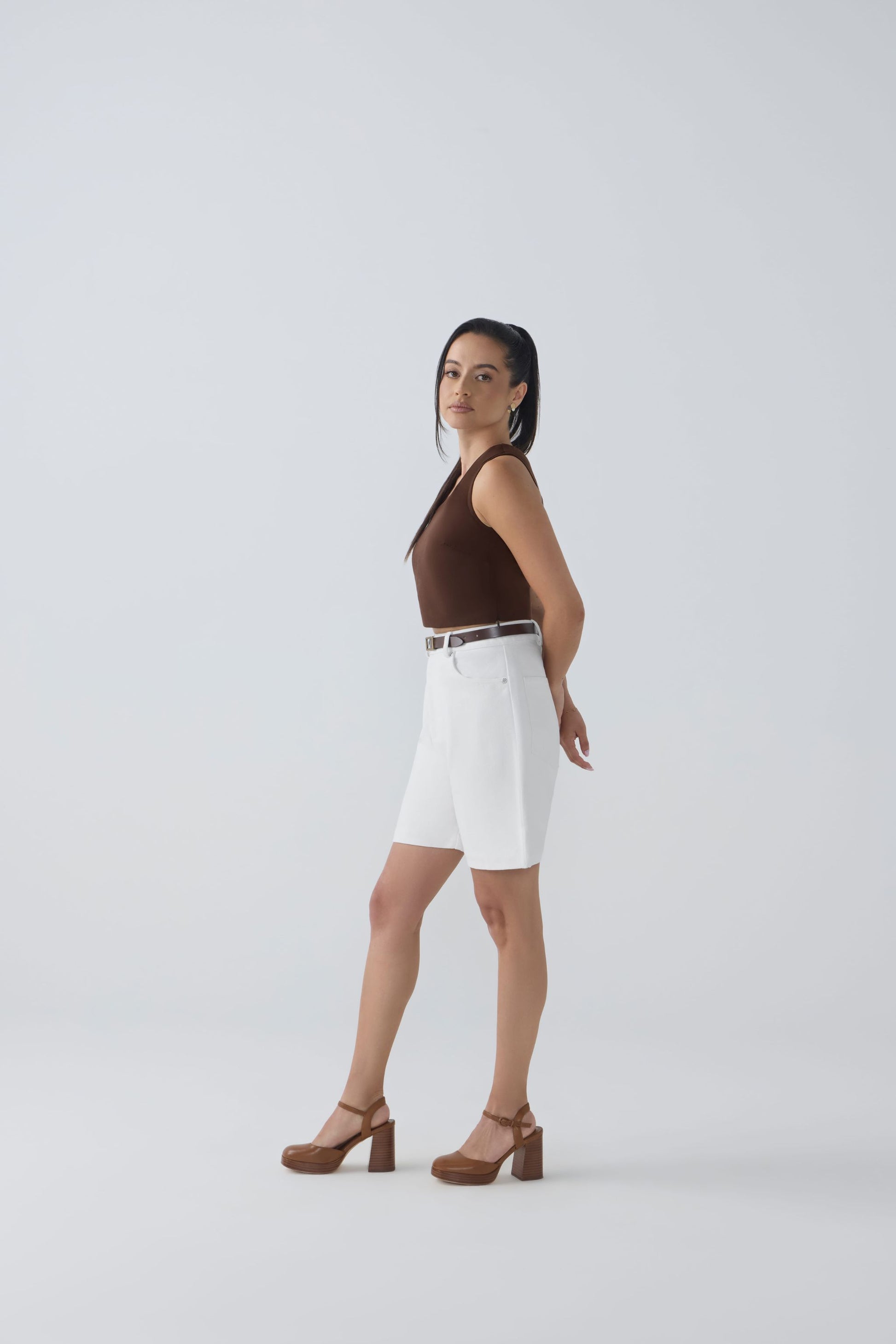 AFYA PETITE Rain asymmetrical top in espresso – side view, Tencel crop for petite women