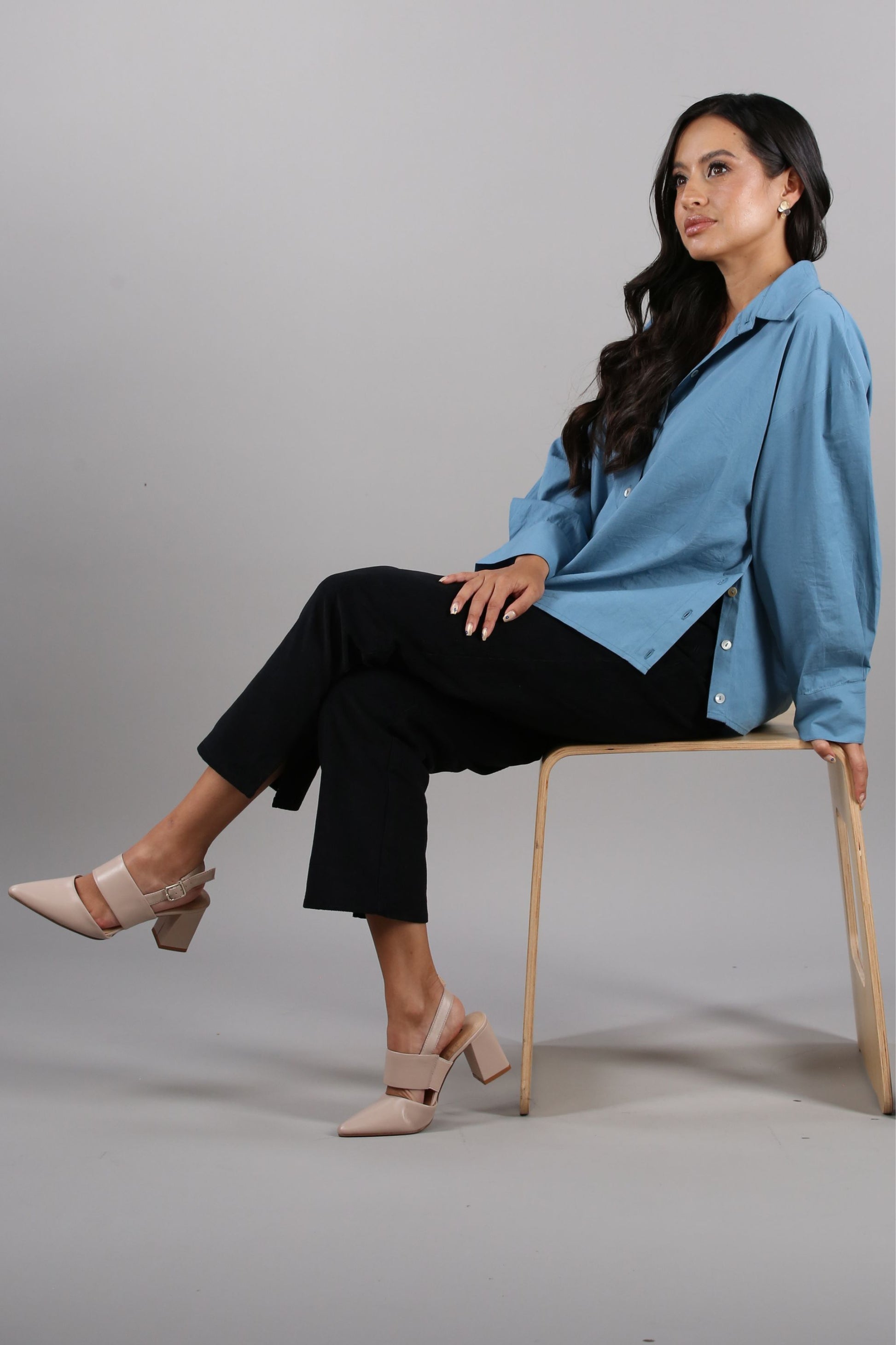 AFYA PETITE Terra poplin shirt – flatlay showing shorter hem and sleeve proportions