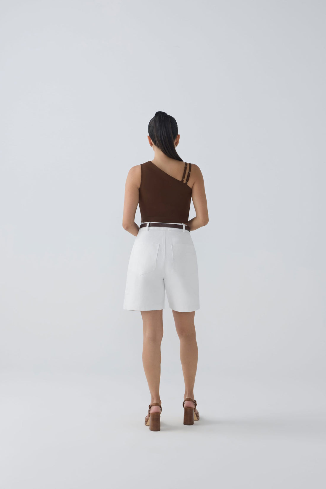Brown Strappy Top Espresso – one shoulder petite top front view adjustable straps cropped tencel petite womens Austalia