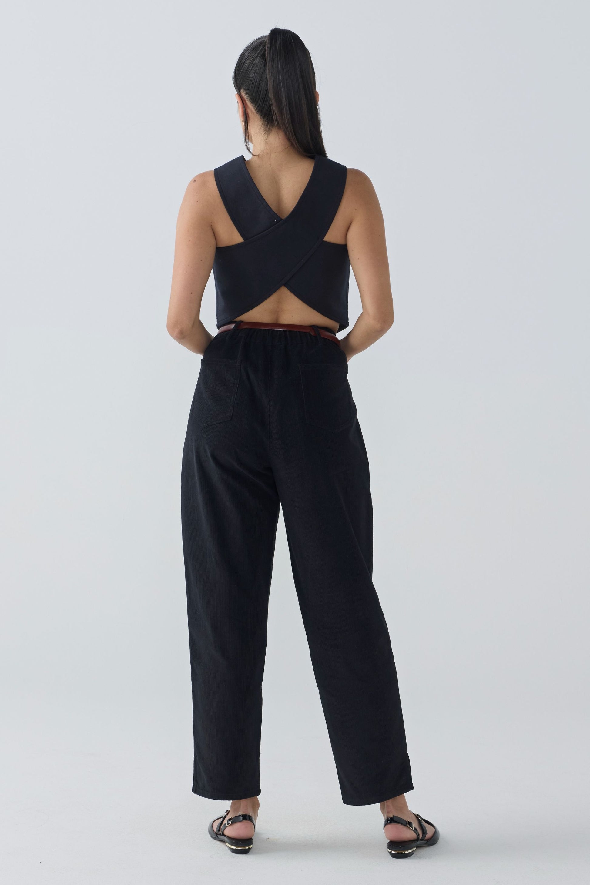AFYA PETITE Branno beige corduroy high-waisted pant – back view, comfort stretch waist for petites