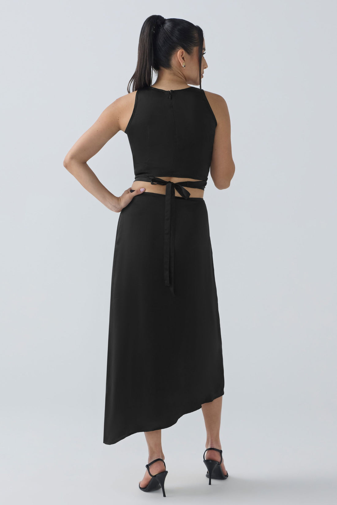 AFYA PETITE Bella Halter Draped Cupro Top – Adjustable Wrap Tie, High-Neck, Cropped.