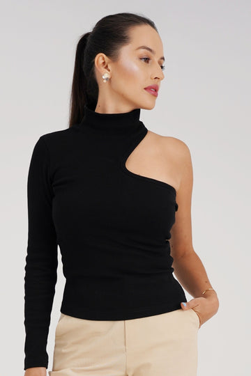 Ren Asymmetric One-Sleeve Top - Organic Rib Knit | Designed for Petite