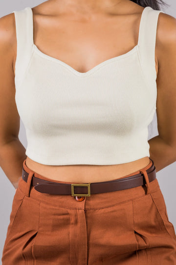 AFYA PETITE Sweetheart organic cotton crop top – side profile, rib texture detail