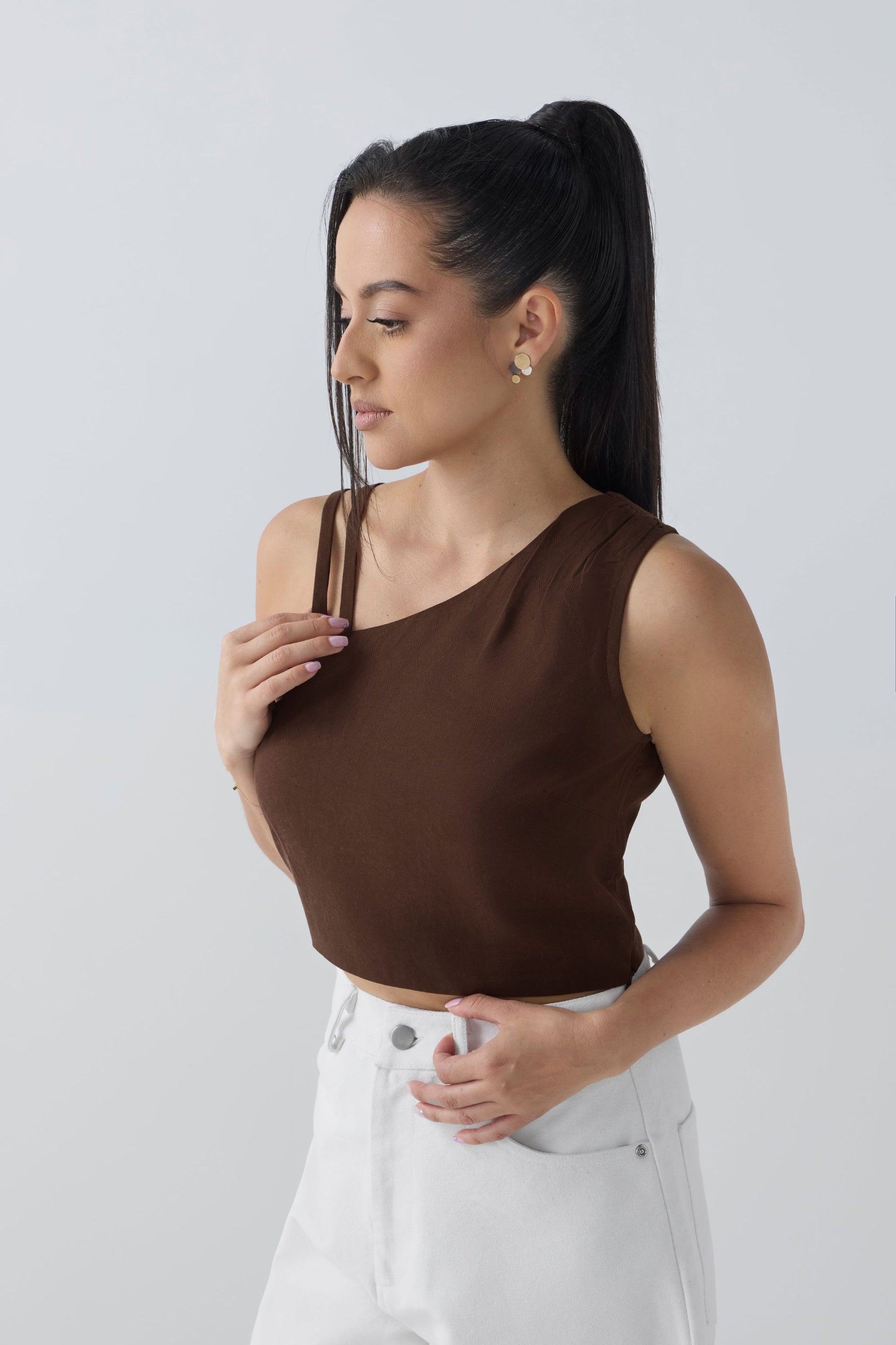 AFYA PETITE Rain asymmetrical crop top in espresso – one-shoulder Tencel, front view for petite women Australia
