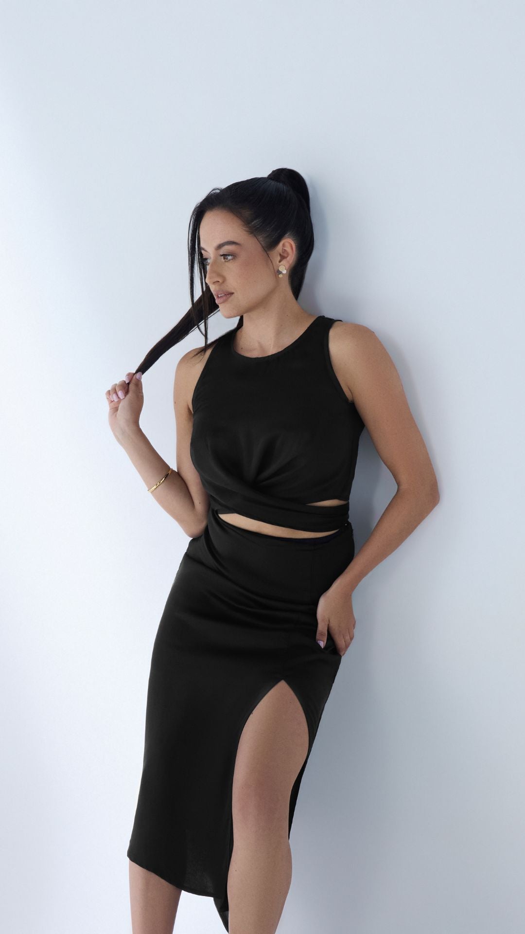 AFYA PETITE Nora black cupro midi skirt – styled evening look for petite women under 165cm