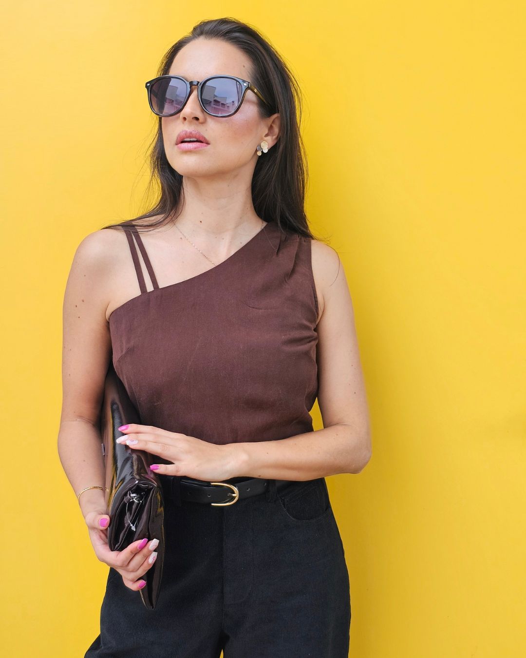 AFYA PETITE Rain espresso asymmetrical crop top – back view, adjustable strap detail for petites