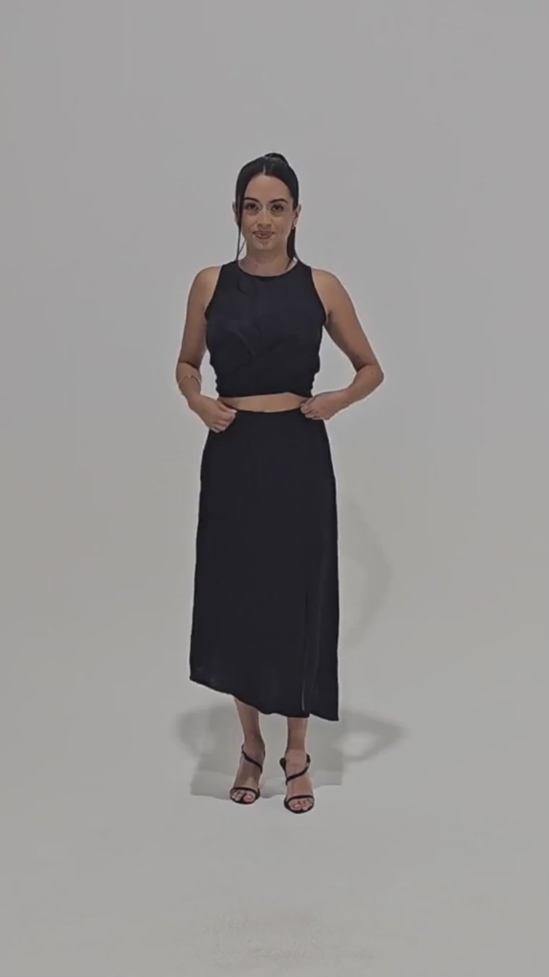 AFYA PETITE Bella halter draped cupro top – movement video showing adjustable wrap tie